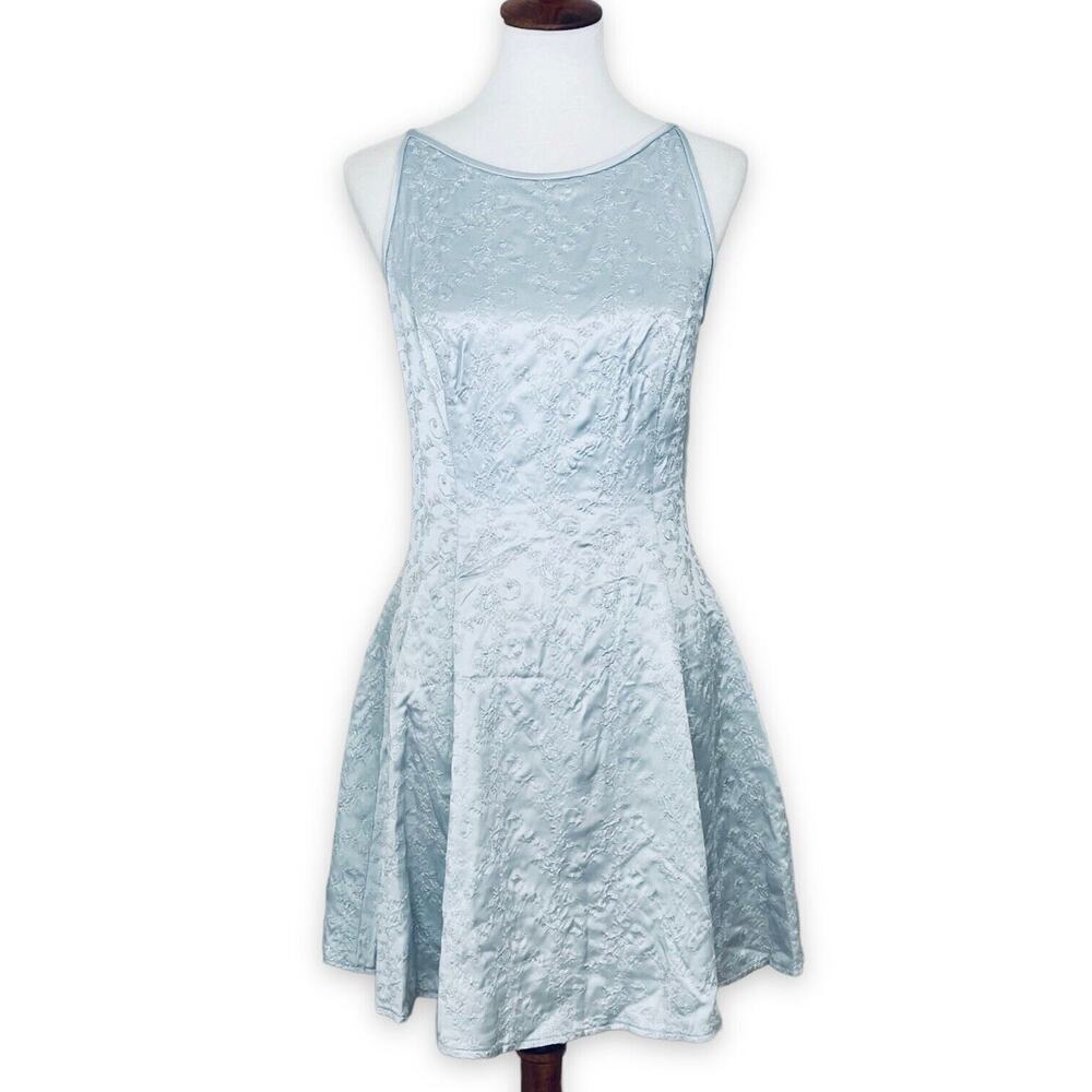 Jessica McClintock Gunne Sax Y2K Silver Blue Embroidered A Line Dress Size 9/10